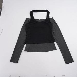 Conjunto de Dos Piezas con Top Halter de Manga Larga y Hombros Descubiertos, Estilo Colorblock, Cintura Ajustada, Estilo Europeo Americano, Sexy, Elegante y Versátil - Product Image 6