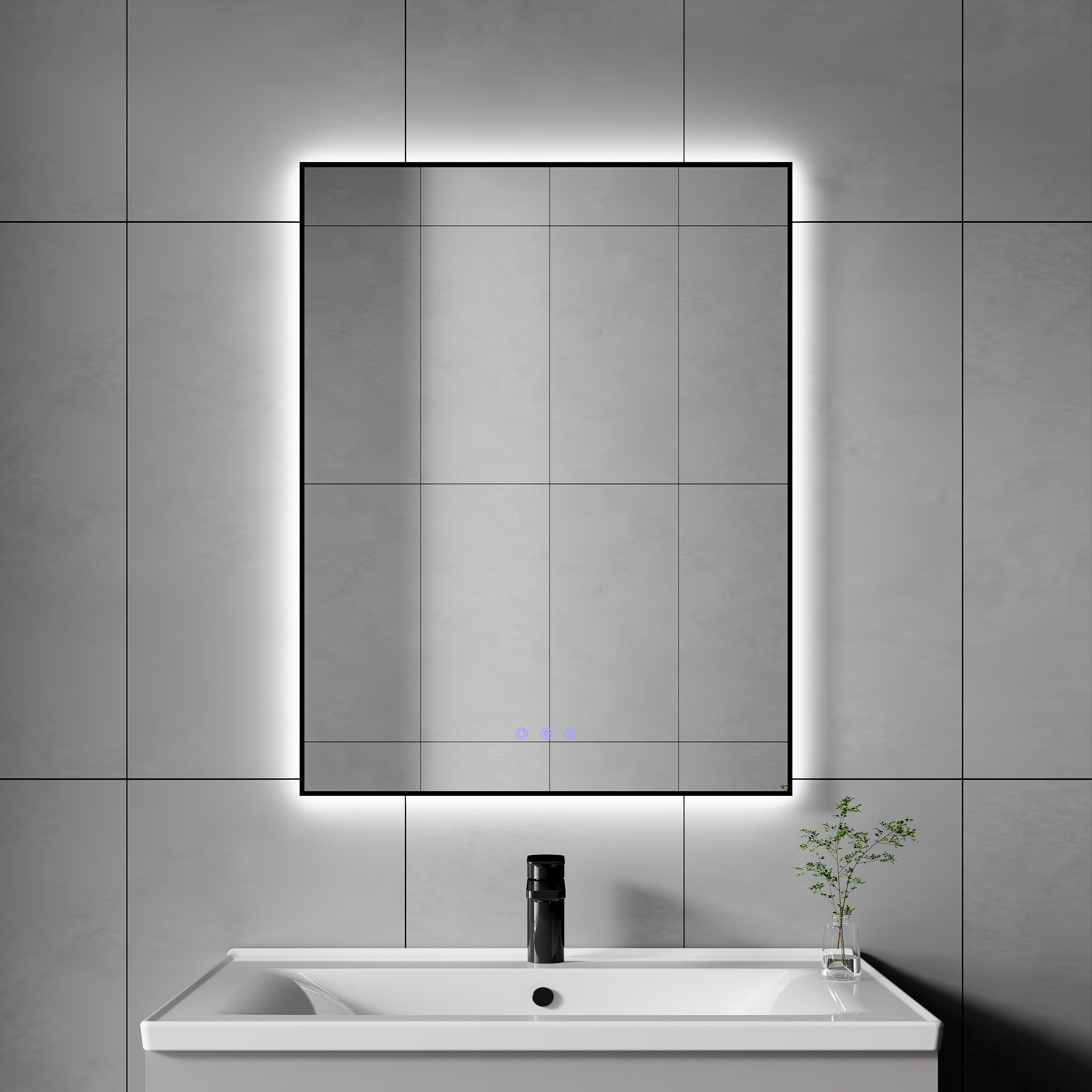 All'ingrosso 3 colori di illuminazione nero incorniciato Hotel Touch Screen moderno Smart retroilluminato specchio del bagno con luce a Led