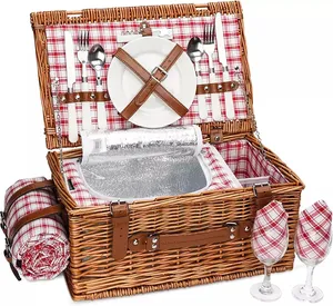 QUAWE 2022 wholesale small rattan cooler insulated willow picnic basket set wicker picnic basket with wine holder