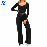Set Yoga Wanita Lengan Panjang dengan Logo Custom, Celana Lebar Pinggang Tinggi, Olahraga Fitness, Baju Olahraga Dua Potong, Setelan Santai