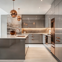 Meuble de cuisine avec porte en verre dépoli, éclairage d'ambiance diffuse, étagère ouverte, unité de présentation