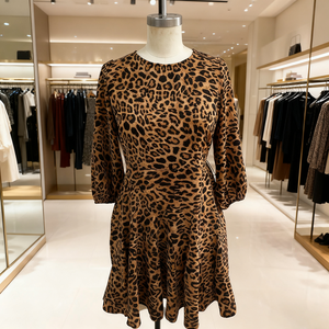 Abito Casual da Donna Personalizzato a Linea A in Cotone con Stampa Animalier Ghepardo e Leopardo in Velluto a Maniche Lunghe Mini <span class=keywords><strong>Vestito</strong></span> - Product Image 1