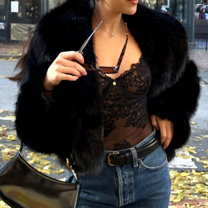 OFTBUY Abrigo de Piel Sintética de Zorro para Mujer, Chaqueta Corta de Invierno Cálida y Gruesa con Cuello Chalín y Manga Murciélago, Estilo Urbano, OEM Personalizado, MOQ Bajo, Envío Rápido - Product Image 4