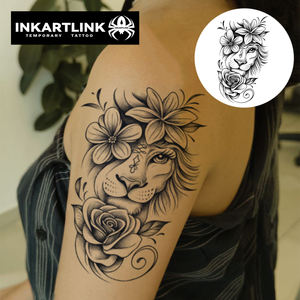 INKARTLINK - Pegatina de <span class=keywords><strong>Tatuaje</strong></span> para <span class=keywords><strong>el</strong></span> Cuerpo, Diseño de Leona, Flor y Rosa, Resistente al Agua, Ecológica, de Larga Duración (15 Días) - Product Image 2