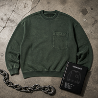 Sweat-shirt vert délavé à col rond avec poche poitrine, coupe décontractée, style streetwear, pull décontracté pour homme, vente en gros, commande en gros