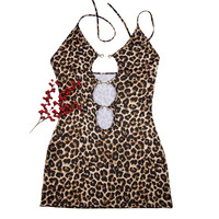 Robe fourreau à imprimé léopard, décolleté plongeant, bretelles halter, nuisette sexy pour femme, polyester, terylène, ZGBROTHERS WM8013
