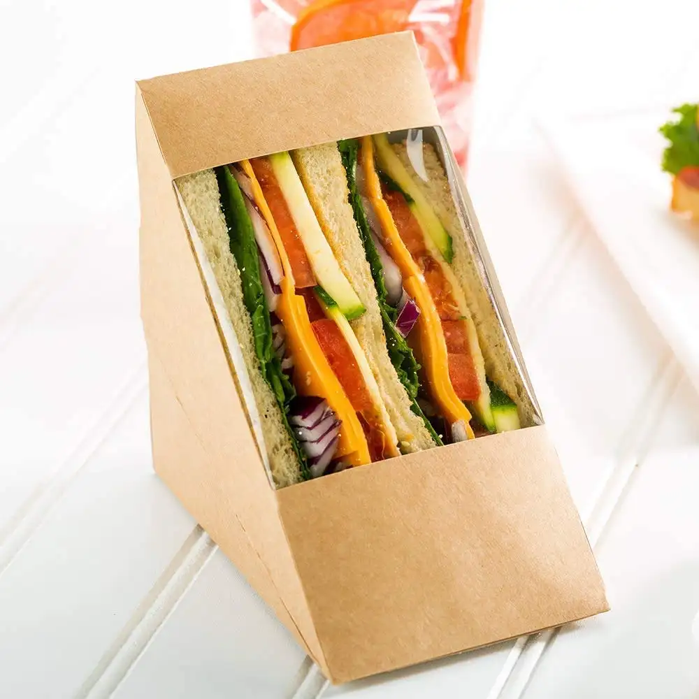 Sandwich Baji Box With Window Kraft Kertas Sandwich Mengambil Wadah Segitiga Kue Kemasan Kotak Sandwich Kotak Kemasan