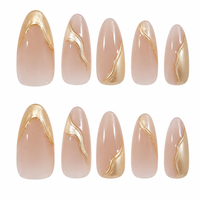 Faux ongles à presser en amande, base nude, ligne ondulée dorée, réutilisables, faits à la main