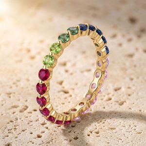 S925 Sterling Silver Moissanite Eternity Band <b>Ring</b> With Channel Set Multicolor Gemstones Women's Classic Everyday Wear Jewelry - Product Image 5