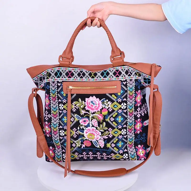 Embroidered Bag Women Custom Brands Designer Leather Circle Embroidered Bag Bohemian Handbags