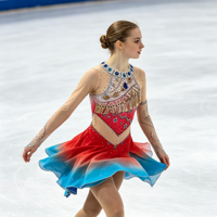 Costume de patinage artistique dégradé rouge et bleu, robe à col halter en maille à manches longues avec strass pour filles et adultes, pour compétition et performance