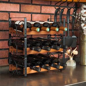 Support de stockage de vin empilable à 3 niveaux debout libre présentoir pliable en bois et métal fabrication porte-<span class=keywords><strong>bouteille</strong></span> de vin de comptoir - Product Image 4