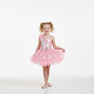 Children's Pink Sequin One-Shoulder Ballet Tutu Dress Girls Sparkly Jazz/Tap Dance Costume Kids TV movie Performance Wear - Product Image 1