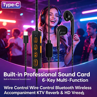 Écouteurs filaires de streaming en direct Type C avec six boutons de commande sur le câble, microphone externe intégré pour karaoké, enregistrement, jeux et diffusion en direct