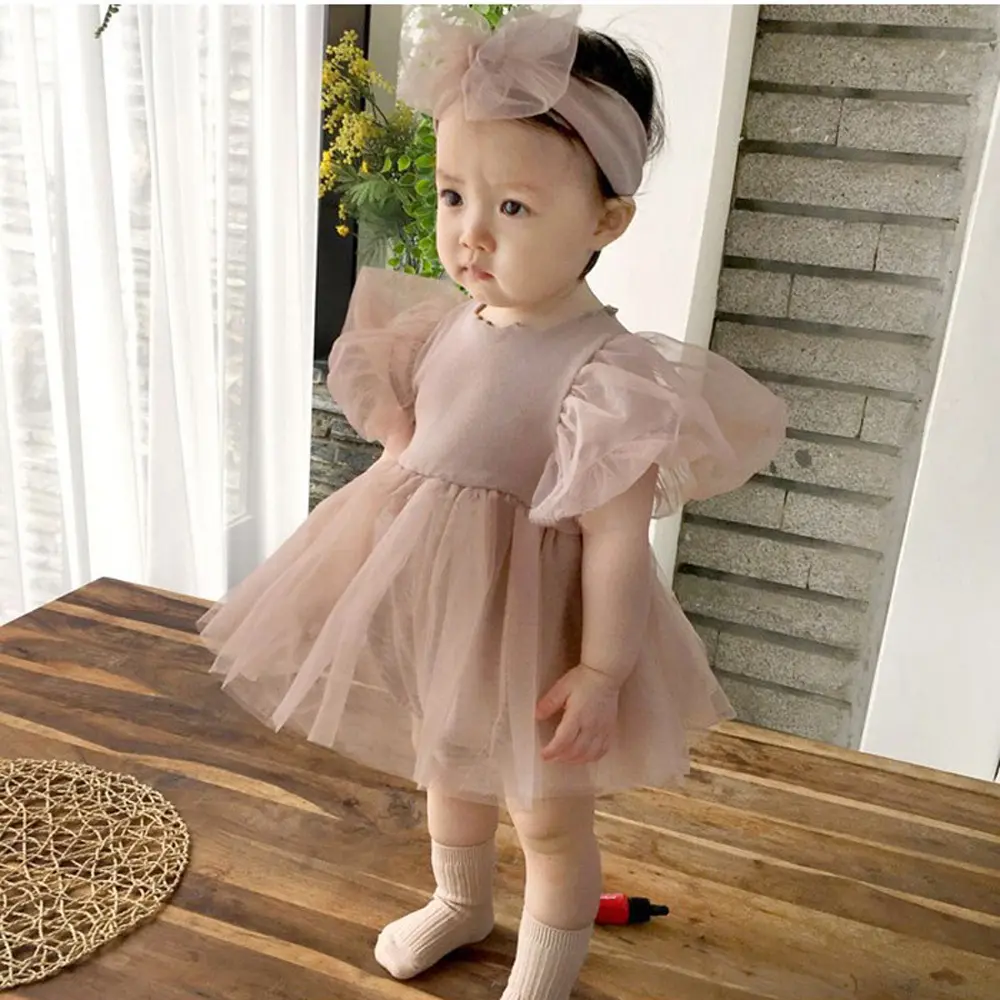 Ins High Quality Puff Sleeve Toddler Girl Dresses Infant Newborn Baby Dress Romper Children Clothes With Scarf