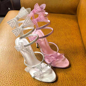 Nouvelles sandales en satin pour femmes, style européen et américain, avec nœud, bride unique, strass, bout ouvert, talons hauts fins, grandes tailles 2025 - Product Image 3