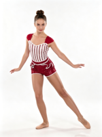 Costume de danse 2 pièces pour femmes adultes, OEM ODM, rayures rouges et blanches, paillettes, Spandex/Nylon, manches courtes, dos torsadé, short, scène