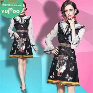 Spot sale 2022 new summer fashion elegant temperament cheongsam lace puff sleeves little black dress stitching dress