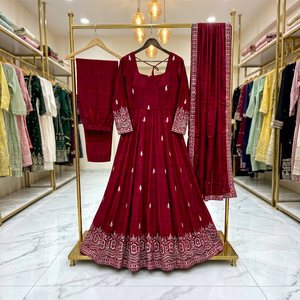 Ensemble Anarkali en coton brodé marron avec dupatta, longueur ras du sol, tenue traditionnelle indienne et pakistanaise pour femme, coupe ample - Product Image 1