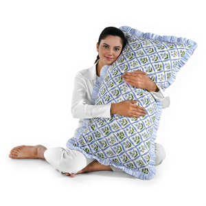 RIDHI 20x30 Floral Ruffle Lumbar Pillow <b>Cover</b> Set Hand Block Print Cotton Customizable Machine Washable Zipper Closure Decor - Product Image 1