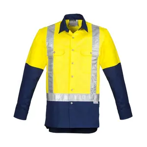 ผู้ผลิตจีนเช่น/NZคุณภาพเทป Hi-Vis Cool น้ําหนักเบาเสื้อแขนยาวผ้าฝ้าย 100% 190gsm ทํางานสวมใส่เสื้อผ้าสําหรับชาย