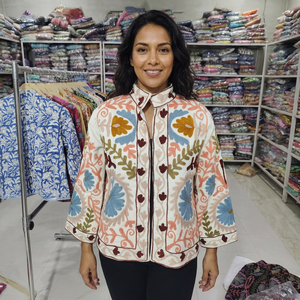 Women's Mandarin Collar Three Quarter Sleeve Embroidered Floral Jacket Cotton Woven Spring Prairie Chic Hand Embroidery <b>gift</b> - Product Image 1