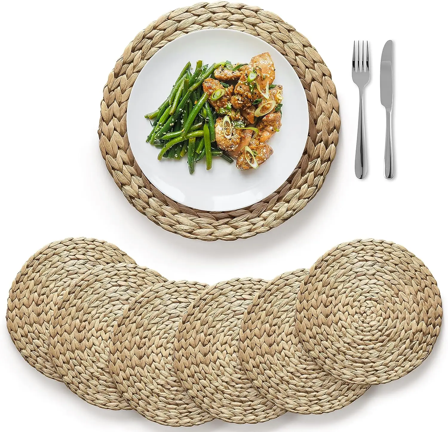 Yuvarlak dokuma Placemats ısıya dayanıklı masa servis altlıkları doğal su sümbül Placemats