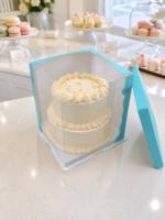 Boîte à gâteau carrée bleu ciel moyen, laminage mat, portable, semi-transparente en PET et carton avec couvercle en papier, écologique et recyclable