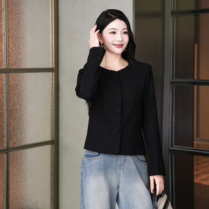 Women's Autumn Winter Round Neck Blazer Black Solid Color Polyester Woven Slim Fit Casual <b>Jacket</b> <b>Short</b> Coat - Product Image 3