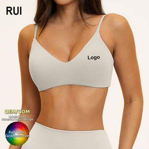 RUIQUWIN Women's Seamless V-Neck Sports Bra Spaghetti Strap Light Support Yoga Top Solid Color Front Logo Customization - Product Image 1