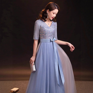 Women's Long Grayish Blue A-Line Evening Gown V-Neck Empire Waistline With <b>Bow</b> Tie For Choir Performances - Product Image 2
