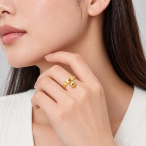 Gold Tone Ball <b>Charm</b> Ring Polished Band with Spherical Dangle Pendant Minimal Statement Jewelry - Product Image 5