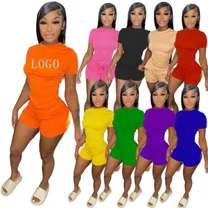 custom Solid Color Biker t shirt and shorts sets For garment printing Logo Summer 100% cotton 2 piece tracksuits for women set