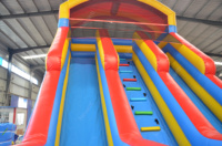 Château gonflable de parc aquatique extérieur d'enfants rouges et bleus avec le château plein d'entrain de double glissière et le ventilateur-pour le jeu