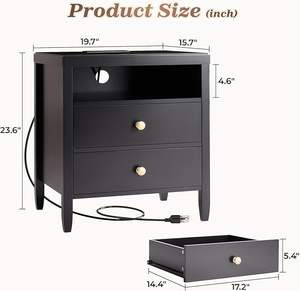 黑色床头柜，带充电器站床头柜，带2个抽屉床边桌，用于卧室现代床头柜金属旋钮 - Product Image 2