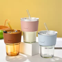 Tasse en verre créative avec couvercle et paille pour fête réutilisable bureau ronde 14oz tasse à café