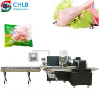 Machine d'emballage horizontale entièrement automatique pour viande de poulet fraîche et aliments surgelés, avec contrôle PLC, fonctions d'étiquetage et de scellage