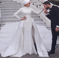 Robes de mariée musulmanes à manches longues, col haut, dentelle brodée, robe de mariée longue queue, 2022