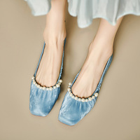 Ballerines rétro françaises à bout carré et perles, chaussures plates plissées souples antidérapantes pour femmes, chaussures confortables à enfiler