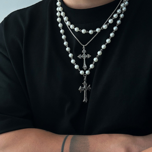 <span class=keywords><strong>Collana</strong></span> Retrò Multistrato con Grande Croce Cava e Perle Imitate, Gioiello Unisex Trendy, <span class=keywords><strong>Collana</strong></span> Choker alla Moda, Regalo di Bigiotteria - Product Image 2