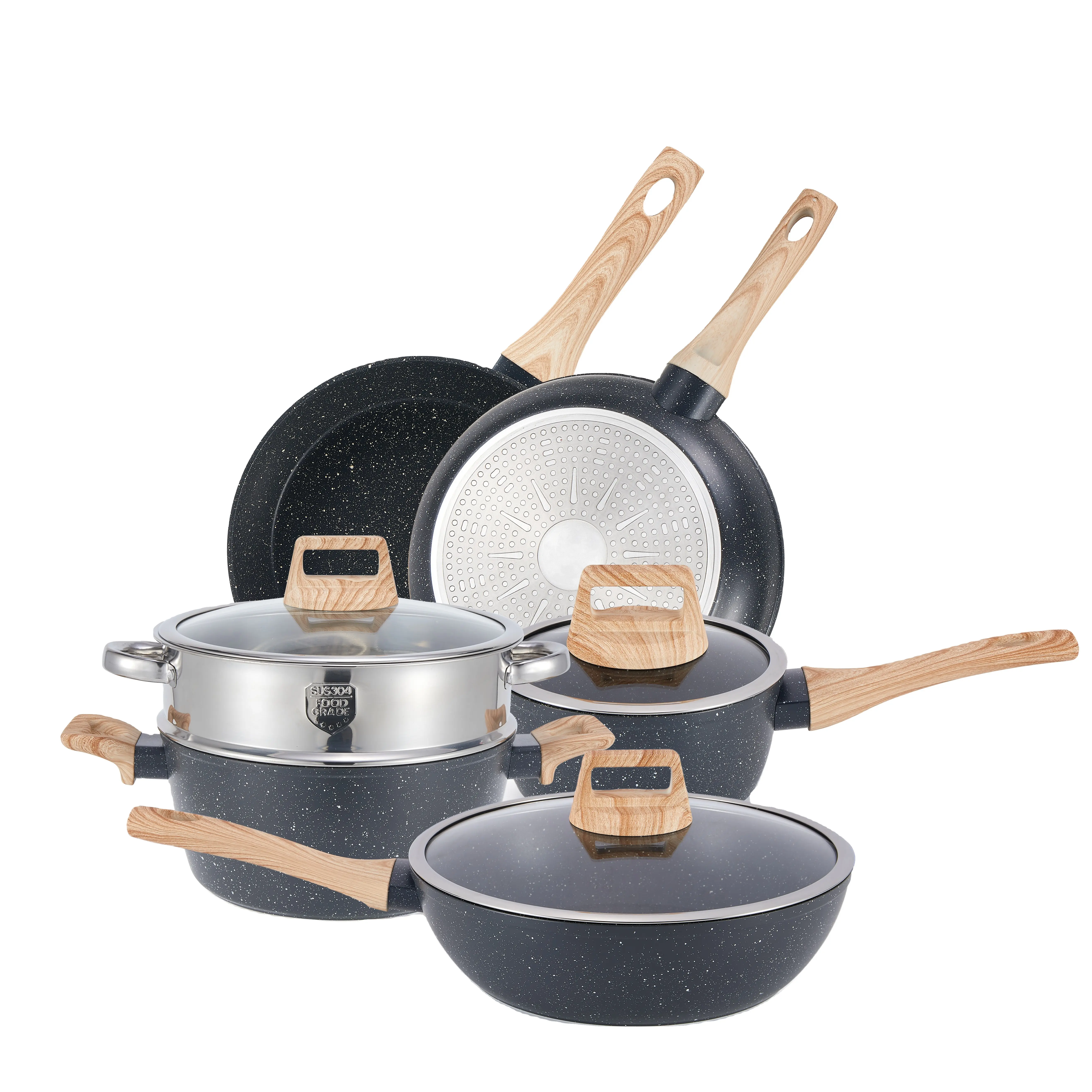 12-Pcs Non-Stick Pots Pans Set Eco-Friendly Glass Kitchen Cookware with 28 cm Induction Base for Home Use Granite Cooking Set