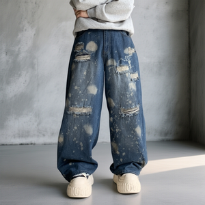 Jean ample et large pour homme, style décontracté, en denim délavé, <span class=keywords><strong>effet</strong></span> usé, style vintage, pantalon streetwear - Product Image 1