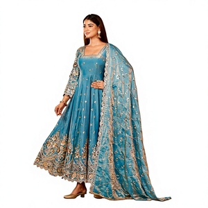 Robe Anarkali en soie bleue avec dupatta brodé, tenue de mariage indienne traditionnelle pour femme, coupe ample longueur ras du sol - Product Image 1