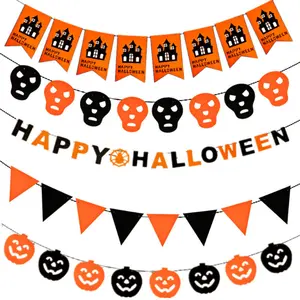 Horror Halloween Kürbis Schädel Vlies Banner Requisiten Dreieck Flaggen Hängende Girlande für Happy Halloween Event Party Dekoration