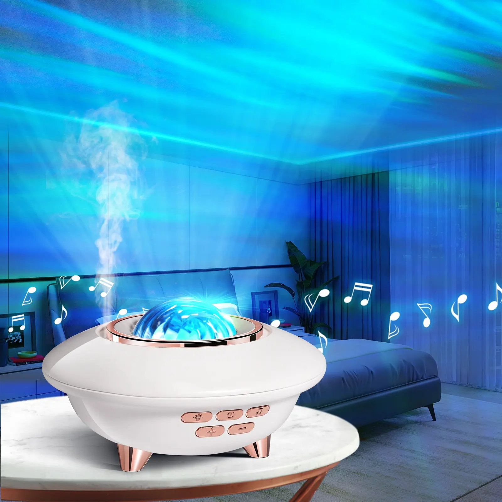 Factory Aurora Light Projector UFO Humidificador ultrasónico Difusor de aroma con ruido blanco