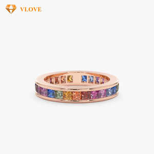 Bague éternelle en saphir arc-en-ciel River Cut, or massif 14K 10K, empilable, pour mariage et anniversaire - Product Image 4