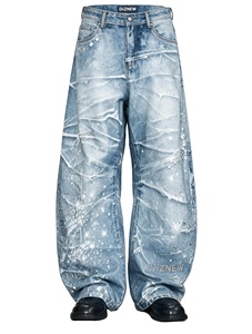 DIZNEW Printed Jeans Light Blue Wide Leg Balloon Ice Crack Ripple Gradient White Splash Rhinestone DIZNEW Hem Label Custom OEM - Product Image 1