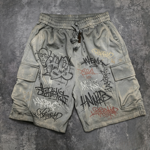 Shorts cargo pour homme à imprimé graffiti, taille mi-haute, avec cordon de serrage, respirants, style streetwear, en toile - Product Image 1