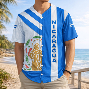 Maillot de baseball culturel du Nicaragua avec rayures bleues et blanches et motif indigène imprimé par sublimation – Haut pour homme Nicaragua - Product Image 1