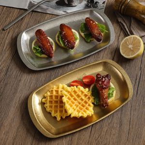 Vintage Distressed Stainless Steel Rectangular <b>Plate</b> Retro Gold Steak Snack Dessert Tray Party Hotel Coffee Tea Use - Product Image 1